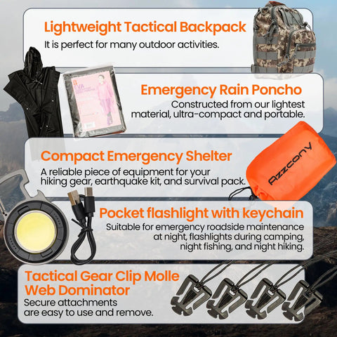 Components of All In One Survival Gear Kit For Ready For Any Situation Get Home Ready Bugout Backpack Tactical Military Grade Molle Pouch