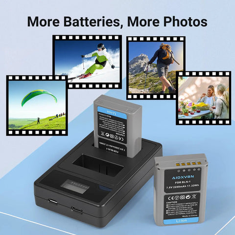 2-Pack BLN-1 Replacement Battery With Dual USB Charger For Olympus OM-D E-M1 featuring two batteries and a charger
