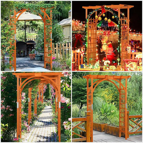7Ft Wood Garden Arch Trellis with climbing plants and ceremony backdrop in garden and yard settings.