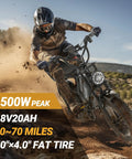 Rider on Beast Mode Electric Fat Tire Mountain Bike With Full Suspension, 1500W Peak Motor, dirt trail, 20-inch tires