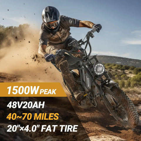 Rider on Beast Mode Electric Fat Tire Mountain Bike With Full Suspension, 1500W Peak Motor, dirt trail, 20-inch tires