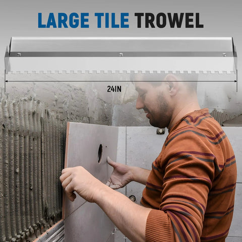 Person using 24 Inch Large Tile Trowel With 0.4 Inch Square Notches For Large Tiles, ideal for flooring and masonry.