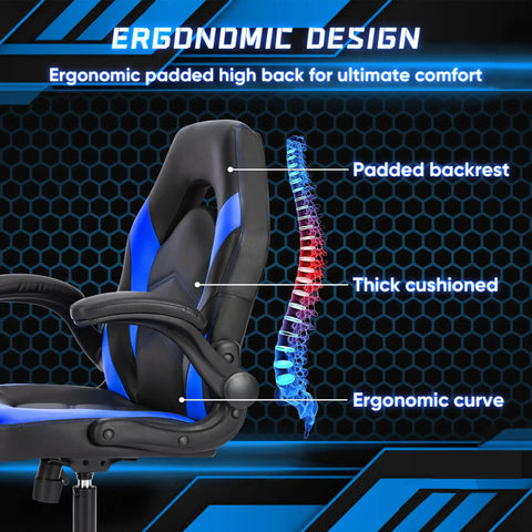 PU Leather Ergonomic Gaming Chair With Lumbar Support Flip Up Armrests 360 Degree Swivel Wheels Height Adjustable For Home Office Desk Black And Blue For Long Sessions showing ergonomic design, padded backrest, and cushioned seat