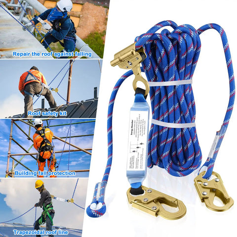 50 Ft Vertical Lifeline System With Dual Rope Grab Hooks and Shock Absorber displayed with blue braided line