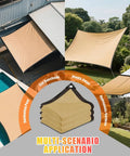 Super Tough Sun Shade Cloth Sail That Blocks Up To 90 Percent Harmful Sunlight Keeping Your Outdoor Patio Garden Backyard Deck Greenhouse Cool And Comfortable Made From High Density Polyethylene With Windproof Ropes For Easy Install shown in various outdoor applications