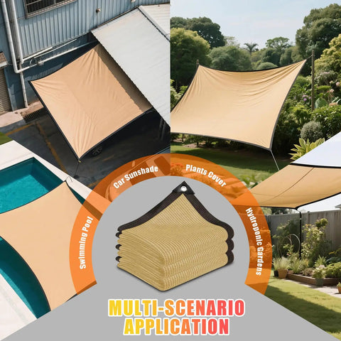 Super Tough Sun Shade Cloth Sail That Blocks Up To 90 Percent Harmful Sunlight Keeping Your Outdoor Patio Garden Backyard Deck Greenhouse Cool And Comfortable Made From High Density Polyethylene With Windproof Ropes For Easy Install shown in various outdoor applications