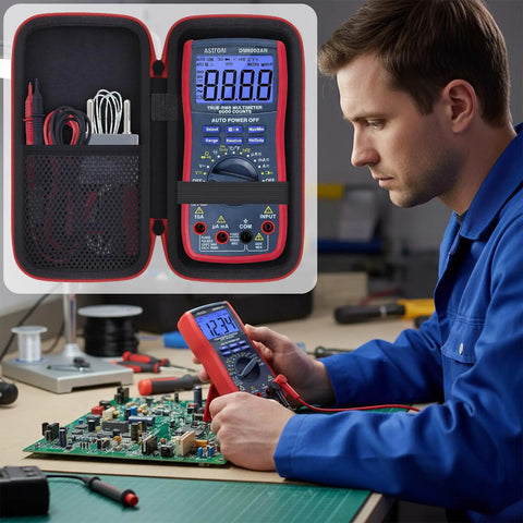 Technician using multimeter with Hard Case Replacement For Digital Multimeter Volt Meter By Aenllosi For 6000 Counts displayed above.