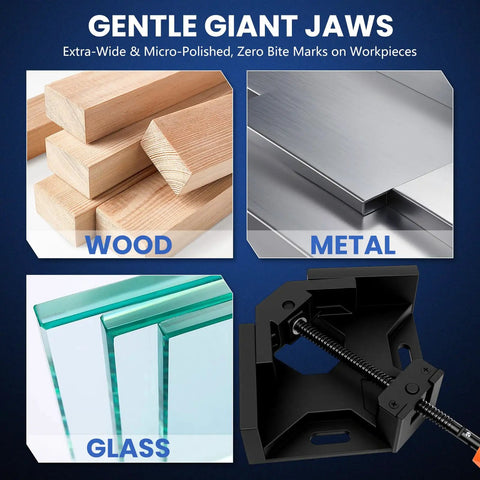 Tight Corner Clamping Done Right With These Badass Aluminum Right Angle Clamps Featuring Self Adjusting Swing Jaws And Fold Flat Handles For Rock Solid Woodworking And Welding showing hardwood, metal, glass samples.
