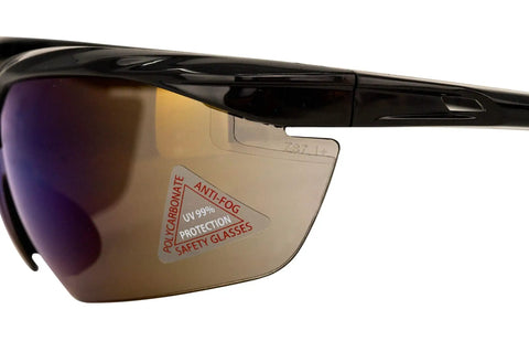 Close-up of Blue Mirror Safety Glasses With UV Protection Anti Scratch And Anti Fog Coating showing polycarbonate lens and frame design.