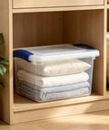 Pack Of Three 7 Quart Clear Plastic Storage Bins Featuring Heavy Duty Walls And Foolproof Snap Lock Lids To Keep Garage Or Desk Clutter Totally Under Control For Busy Mornings, clear bin with towels.