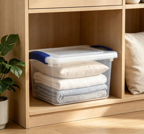 Pack Of Three 7 Quart Clear Plastic Storage Bins Featuring Heavy Duty Walls And Foolproof Snap Lock Lids To Keep Garage Or Desk Clutter Totally Under Control For Busy Mornings, clear bin with towels.