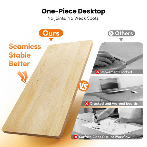Upgrade Your Home Office With This CubiCubi 55 X 28 Electric One Piece Standing Desk In Rich Maple Finish, showcasing a seamless one-piece desktop.