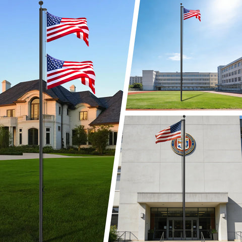 20 Ft Aluminum Flag Pole Kit With Black Ball Topper And 3x5 Embroidered US Flag in outdoor settings