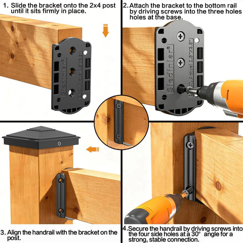 Installation guide showing Deck Railing Bracket Connectors for 2x4 Wood Posts 20 Pack with screws and drill bit on wooden handrail.