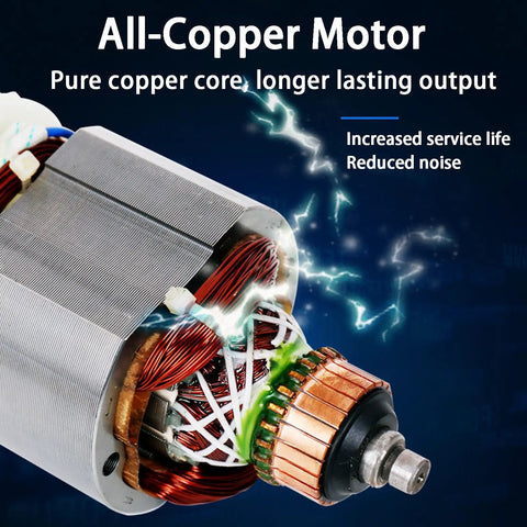 All Terrain Four Wheel Drive Cable Threading Tool For Electricians Smooth Variable Speed Wire Puller With Instant Grip And Adjustable 360 Bend Rod showing an all-copper motor, highlighting its durability.