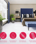 Premium Peel And Stick Luxury Vinyl Flooring Tiles With BaseCore, shown in a bedroom, highlighting features with icons
