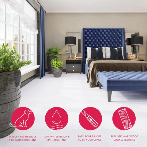 Premium Peel And Stick Luxury Vinyl Flooring Tiles With BaseCore, shown in a bedroom, highlighting features with icons