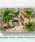 Top view of Action Aquarium Bubbler Treasure Chest Decor With Moving Diver For Fish Tanks, orange scuba ornament and plants.