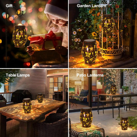 Butterfly Solar Powered Outdoor Metal Lanterns Set Of 2 Waterproof Hanging Patio Lights for Garden Decor with Romantic Glow