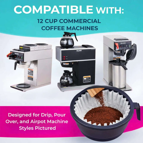 Large Commercial Coffee Filters 9.5 X 4.5 Inches For 12-Cup BUNN Fetco And Curtis Coffee Machines with tall walls, shown with brewers