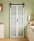 Space Saving Frosted Glass Bi Fold Barn Door With Paintable White Primed Surface 36 By 84 Inches installed in kitchen