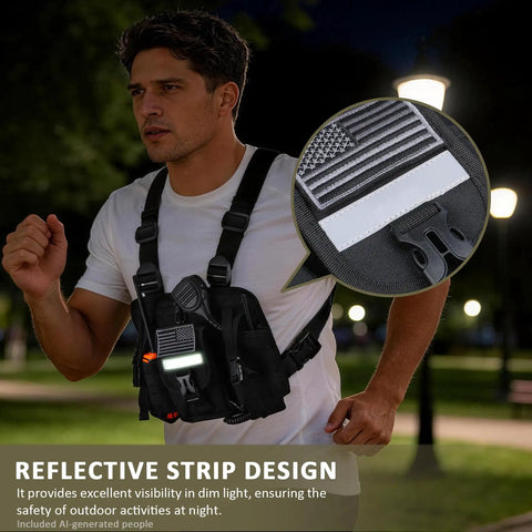 Work Ready Radio Chest Harness For Walkie Talkies, Adjustable Nylon Chest Rig with reflective strip worn by man outdoors at night