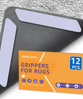 Non Slip Rug Tape 12 Pack Reusable Washable Grippers for Rugs shown under corner of gray rug