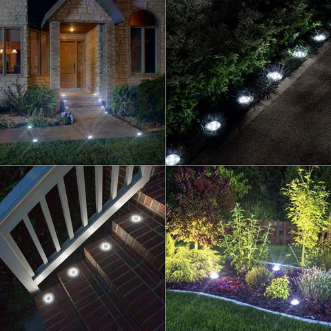 12 Pack Solar Ground Lights With 8 LED Each In Ground Round Puck Lights illuminating pathway, garden edge, and porch steps at night