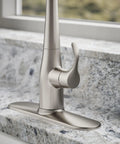 Close-up of Works Like A Charm High Arch Kitchen Sink Faucet With Pull Down Sprayer And Three Spray Modes Brushed Stainless Steel Build.