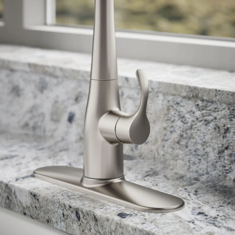 Close-up of Works Like A Charm High Arch Kitchen Sink Faucet With Pull Down Sprayer And Three Spray Modes Brushed Stainless Steel Build.