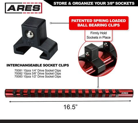 Image of Three Piece Black Magnetic Socket Organizer Set With Aluminum Rails, showcasing spring loaded ball bearing clips.