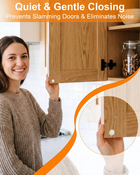 200 Piece Clear Silicone Cabinet Bumpers With Sticky Self Adhesive Backing For Dead Quiet Drawers And Smooth Furniture Glide, shown on cabinet door.