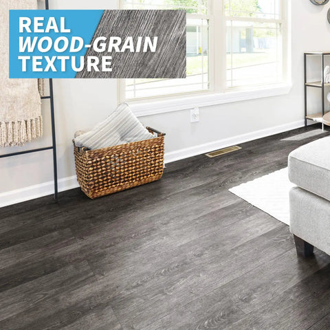 Peel And Stick Vinyl Plank Flooring Wood Look Ebony For Bedroom Living Room Kitchen And RV 54 Sq Ft Coverage 36 Pack Waterproof Fire Resistant Easy DIY Installation shown in a bright living room with real wood-grain texture.