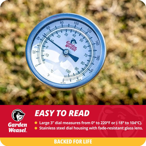 Analog Soil Temperature Dial Thermometer With 36 Inch Probe for Soil and Worm Compost, close-up of dial reading 0 to 220°F.