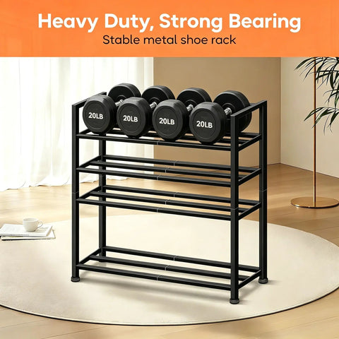 Heavy Duty 5 Tier Metal Shoe Rack Organizer for Garage and Entryway, shown with weights to demonstrate strength.