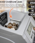 Digital Coin Sorter And Counter Machine With Automatic Currency Separator and Clear Display showing coins in hopper.