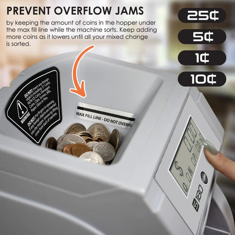 Digital Coin Sorter And Counter Machine With Automatic Currency Separator and Clear Display showing coins in hopper.