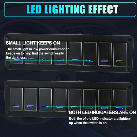 Eight Gang Rocker Switch Panel With Three Pin On Off Prewired Toggle Control Waterproof Aluminum Alloy Panel Blue LED Light