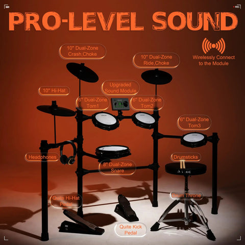 Multi Zone Electronic Drum Set With Four Dual Trigger Quiet Mesh Pads 360 Sounds 10 User Kits Cymbals With Choke Throne