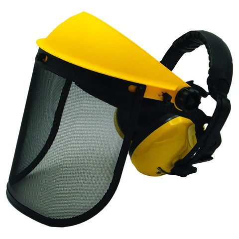 Heavy Duty Face Shield And Ear Muffs Combo With Removable Visor for job site protection, safety yellow and black design.