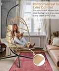 Hanging Egg Chair With Stand And Footrest For Indoor Outdoor Use, Chill Wicker Swing Chair With Aluminum Steel Frame And UV Resistant Cushion, Patio Lounge Hammock Chair, Supports Up To 370 Lbs, Beige