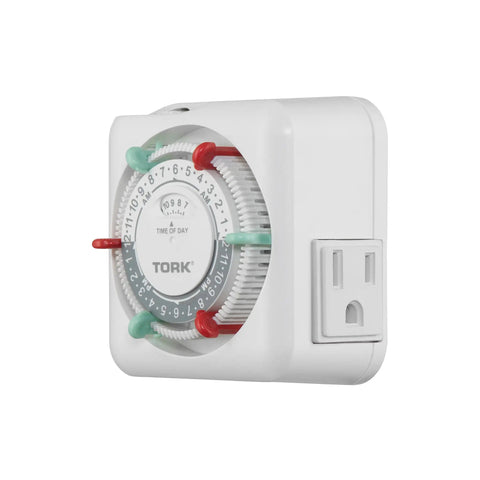 Heavy Duty Indoor Mechanical Appliance Timer With Dual Receptacles Boasts 15 Amp Rating Plus Set It And Forget It Programming For Lamps And Small Household Items, featuring dial and prong design.