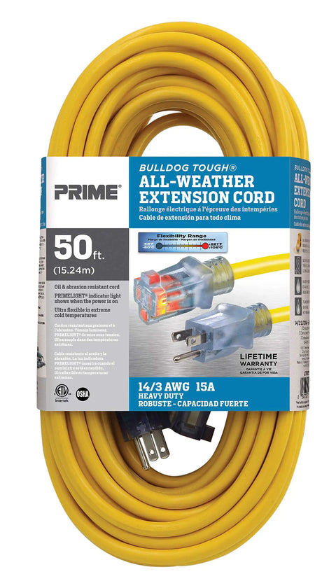 Workhorse Heavy Duty Extension Cord Featuring Nickel Plated Brass Prongs And Complete Oil Proof Waterproof Protection Fifty Foot Ultra Flexible Yellow Line Built For Toughest Job Sites with clear packaging.