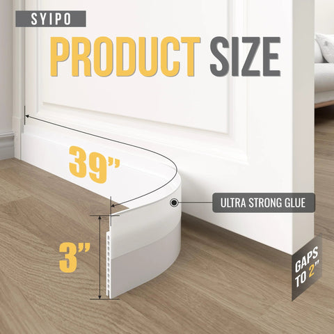 Front view of installed door draft stopper, 3 in wide by 39 in long, white, under-door weather stripping, Amazon brand.