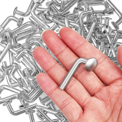 Close-up of 100 Pack Galvanized Pallet Rack Drop Pins M5 Round Head Safety Bolts held in hand, highlighting iron material.