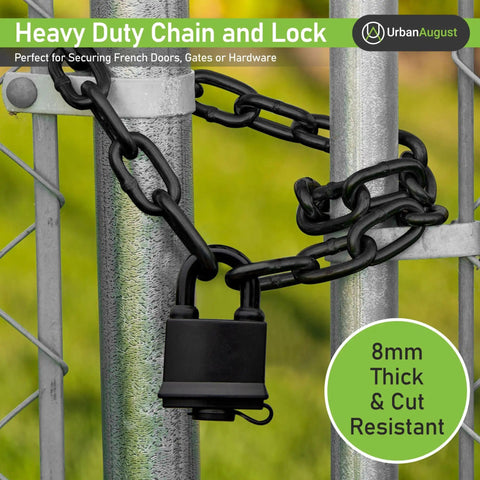Hardened 8mm Security Chain With Weather Resistant Pad Lock For Gate, Bike, Generator, Fence And Outdoor Use around gate.