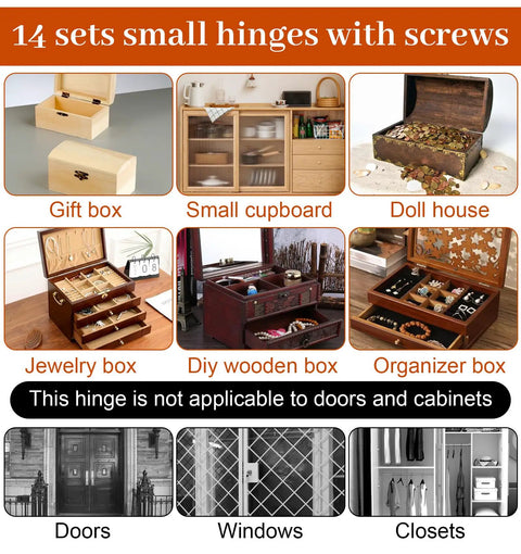 Image showing 14 sets of small hinges with screws for gift box, cupboard, dollhouse, jewelry box, and organizer.
