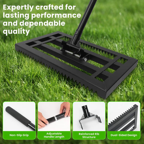 17 By 10 Inch Heavy Duty Lawn Leveling Rake With Sectional Adjustable Handle showing non-slip grip and dual-sided design