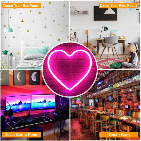 Pink Neon Heart LED Light For Bedroom Or Living Room USB Or Battery Operated Mood Lamp With Four Hooks For Easy Wall Or Mantel Display Cute Hanging Gift For Any Cozy Home Romantic Mood Decor