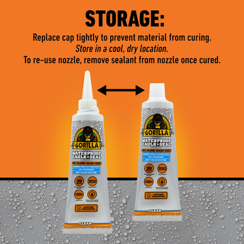 Go To 100 Percent Silicone Waterproof Caulk Sealant Clear 2.8 Oz Tube Fast Cure In Thirty Minutes Mold Resistant For Kitchen Window Bath Marine Door And Outdoor Use next to another tube with storage instructions in the background, showing two tubes in front of an orange background with black text on storage instructions and condensation droplets.